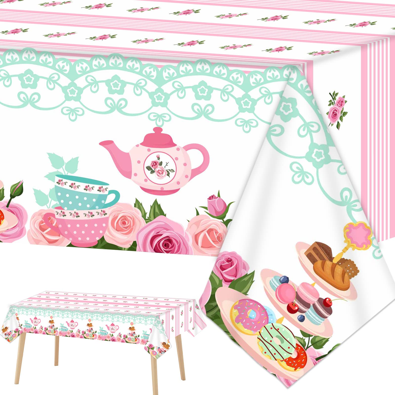 3-Piece Pink Floral Plastic Tablecloth Set with Lace Trim - 54x108 Inch - Perfect for Baby Showers, Birthday Parties, Weddings & Tea Party Decorations - Waterproof & Easy to Clean Party Supplies for Indoor/Outdoor Events