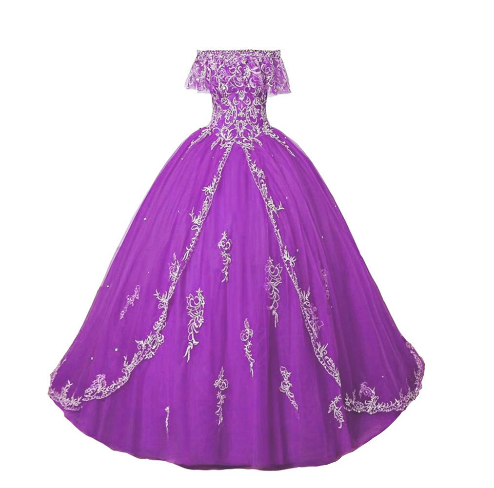Emanni Women's Lace Applique Beaded Crystal Sweet 16 Quinceanera Dress - Elegant Purple Formal Gown for Prom, Homecoming, and Special Occasions