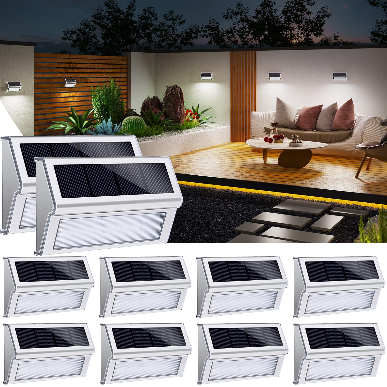 JSOT 10-Pack Solar Outdoor Lights Waterproof - 9 LED Solar Fence Lights for Deck, Garden, Backyard, Patio, Yard, Wall, Step & Pool Lighting | Cool White | Weather-Resistant Solar Post Lamps for Pathway, Stairs & Landscape Illumination