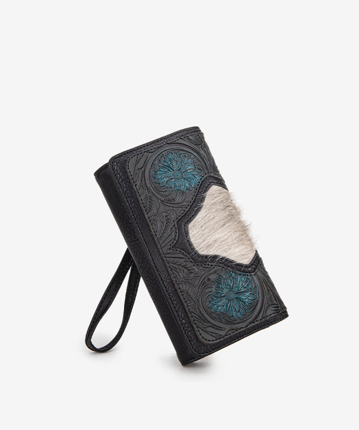 Trinity Ranch Floral Tooled Hair-On Cowhide Leather Wallet for Men & Women - Stylish Western Bifold Wallet for Everyday Use, Travel & Gifts
