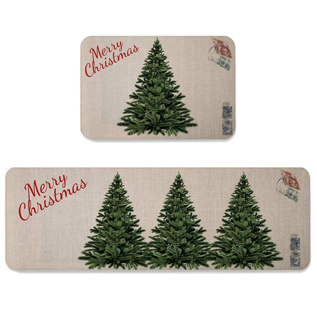 Vintage Christmas Tree Anti-Fatigue Kitchen Mat Set of 2 - Non-Slip Farmhouse Rug for Sink, Laundry & Home Office - Rustic Floor Runner for Kitchen, Entryway & Holiday Decor