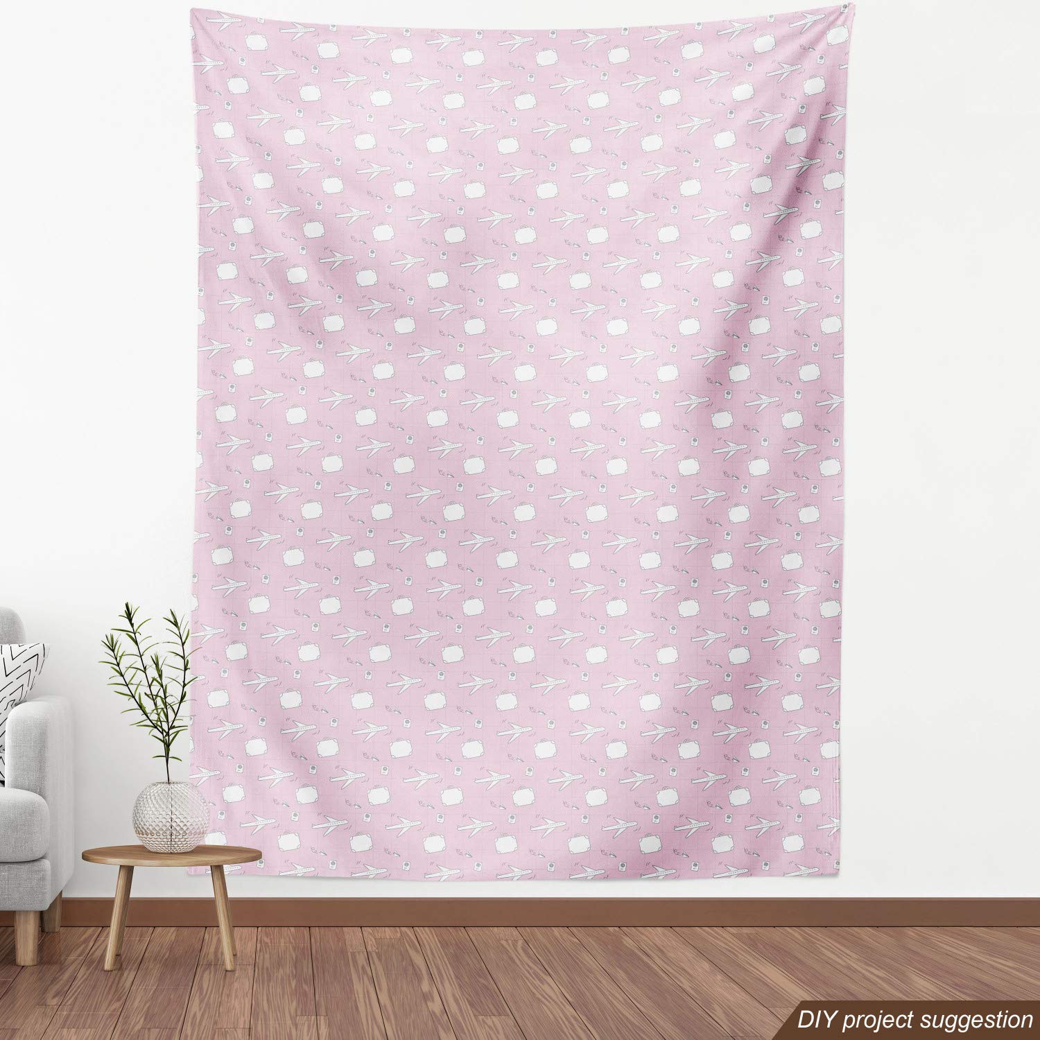 Ambesonne Travel-Themed Fabric by The Yard - Pastel Luggage, Suitcase & Passport Doodle Pattern - Decorative Upholstery Material for DIY Home Decor (5 Yards, Pale Pink/White) | Perfect for Pillow Covers, Curtains & Craft Projects
