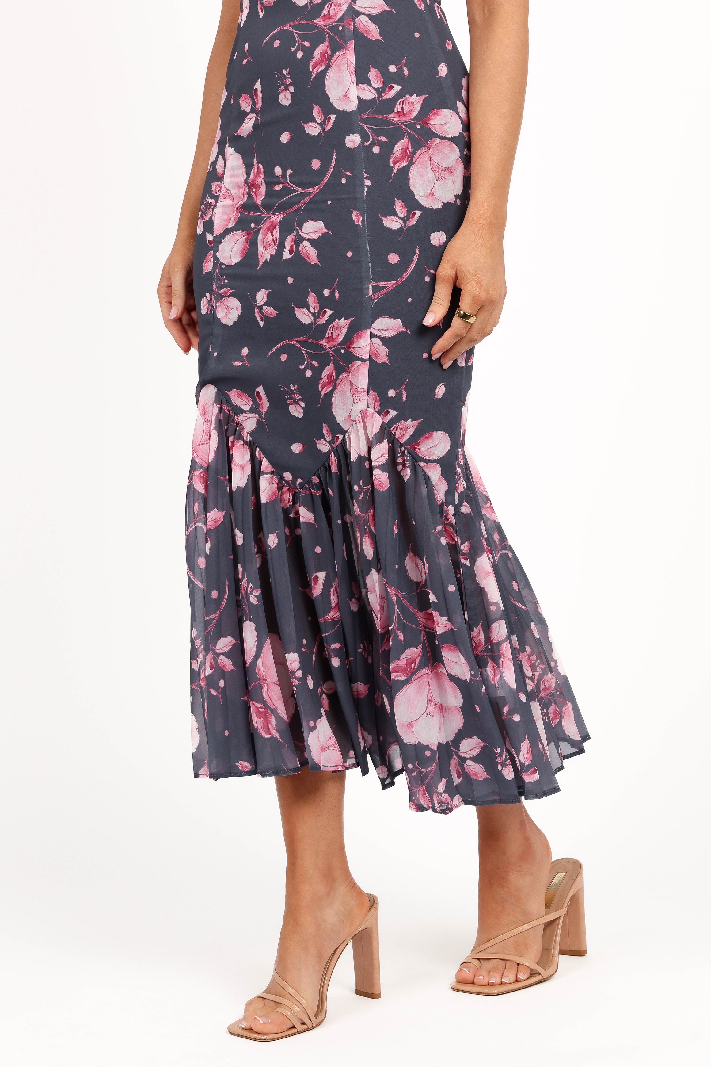 Ashton Midi Dress - Steel Gray Floral Print Women's Casual Dress | Perfect for Office Wear, Date Night & Summer Outfits