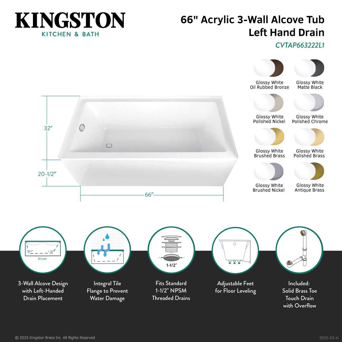 Aqua Eden 66-Inch Acrylic Rectangular 3-Wall Alcove Bathtub Combo with Waste & Overflow Drain - Left Hand Drain, Glossy White/Polished Nickel - Perfect for Modern Bathroom Renovations and Spa-Like Retreats