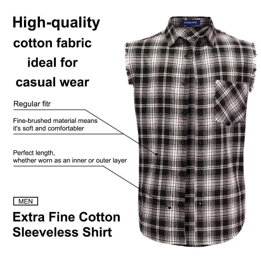 LOGEEYAR Men's Sleeveless Plaid Flannel Button Down Shirt - Casual Vest for Outdoor Activities, Summer Wear & Layering
