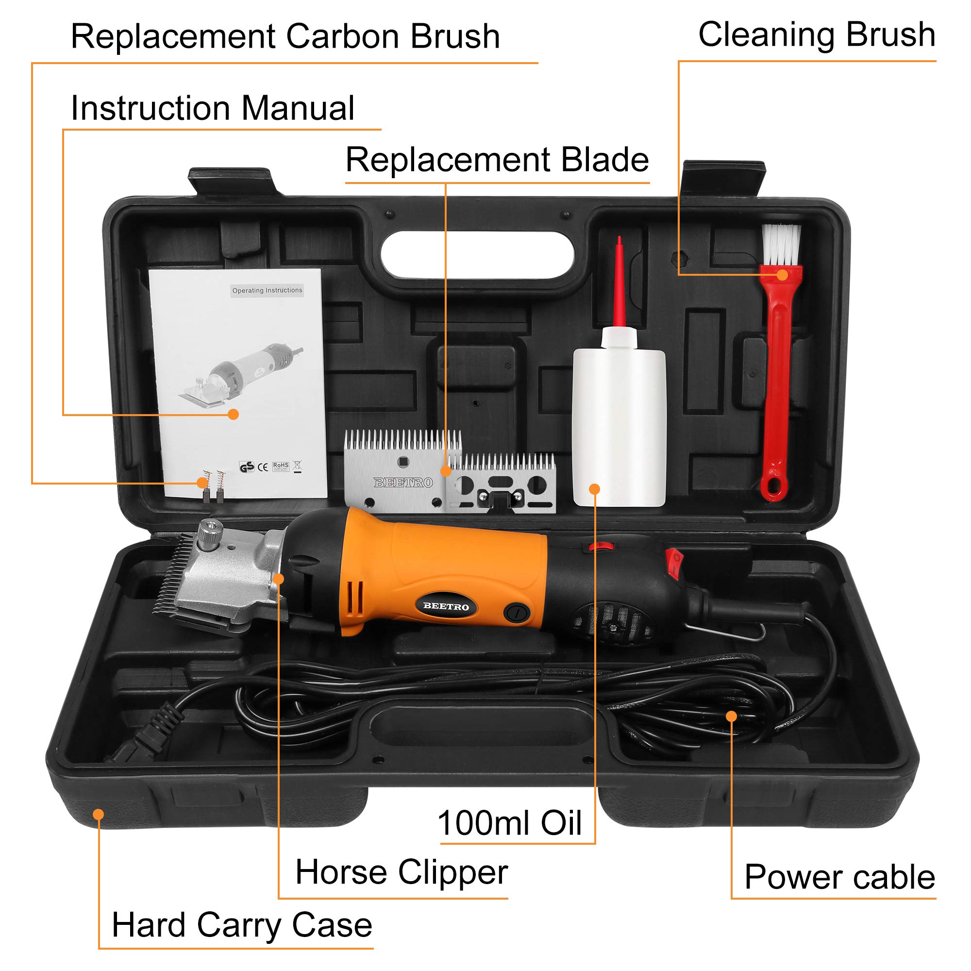 BEETRO 500W Professional Electric Horse Clippers - 6-Speed Animal Grooming Shears for Horses, Goats, Ponies & Cattle with Extra Blades - Perfect for Livestock Grooming, Show Preparation & Farm Maintenance