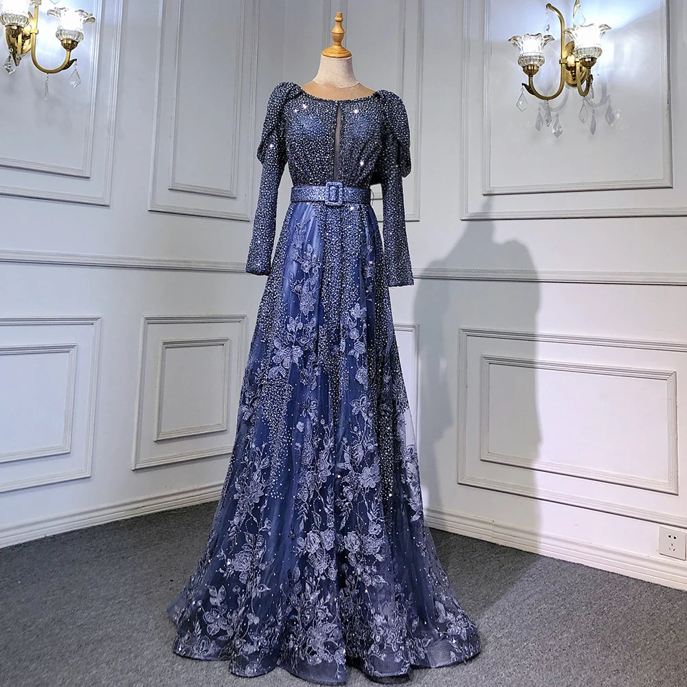 Luxury Dubai Blue Muslim Lace Beaded Evening Gowns for Women - Elegant A-Line Long Sleeve Wedding Party Dresses 2025 | Perfect for Formal Events, Bridal Showers & Special Occasions