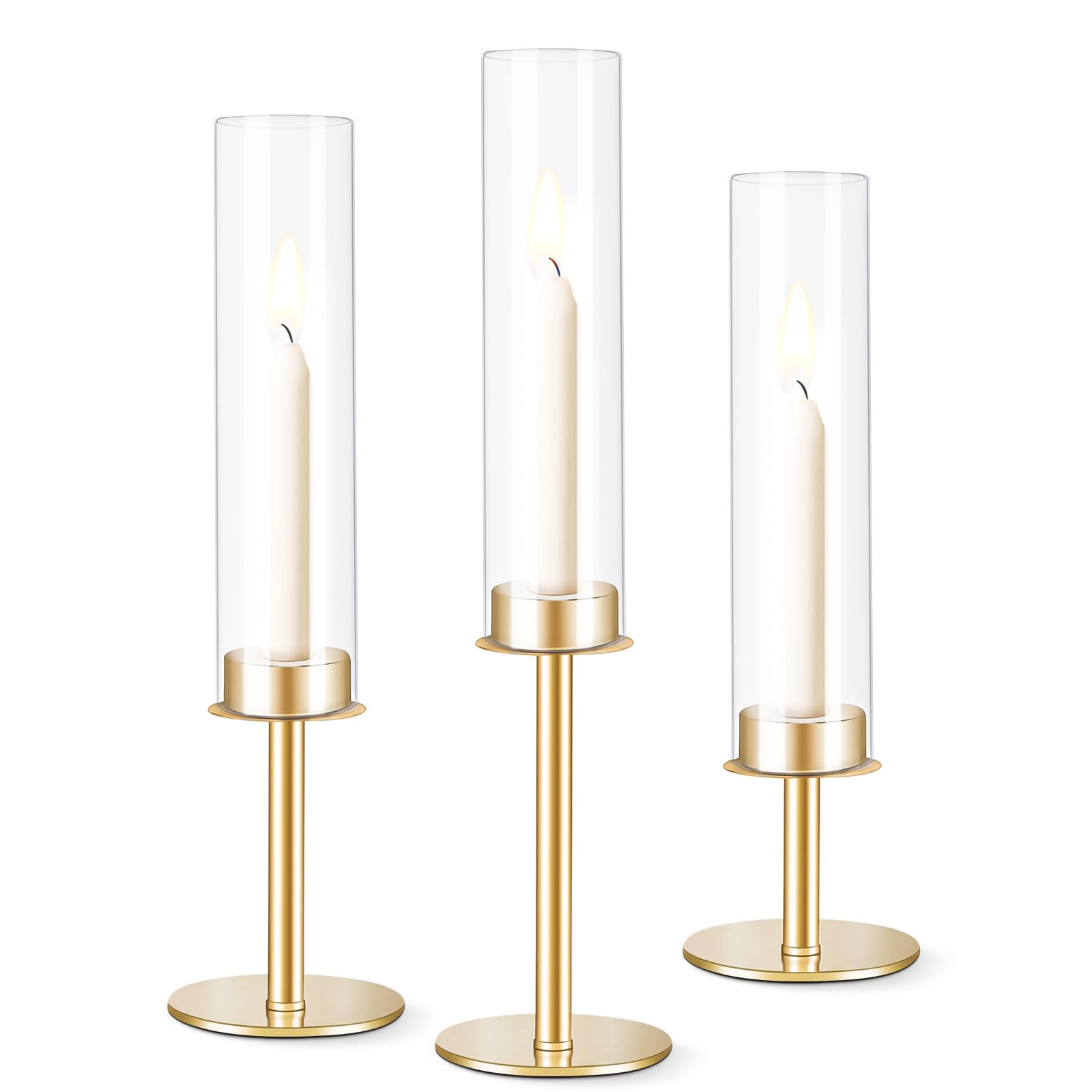 Elegant Gold Hurricane Candle Holders Set of 3 - Glass Taper Candle Sticks with Covers for Wedding Centerpieces, Christmas Decor, Romantic Dinners & Home Ambiance Lighting