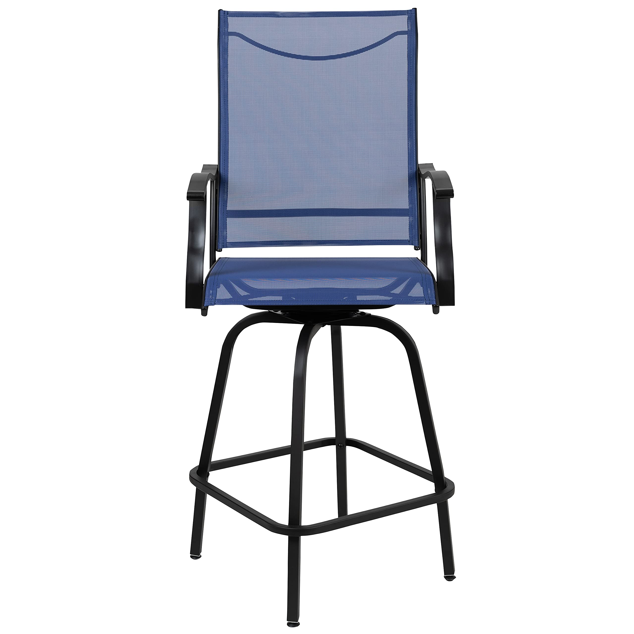 EMMA + OLIVER Set of 2 All-Weather Textilene Swivel Bar Stools with High Back & Armrests - Navy Blue Patio Chairs for Outdoor Deck, Poolside & Garden Relaxation