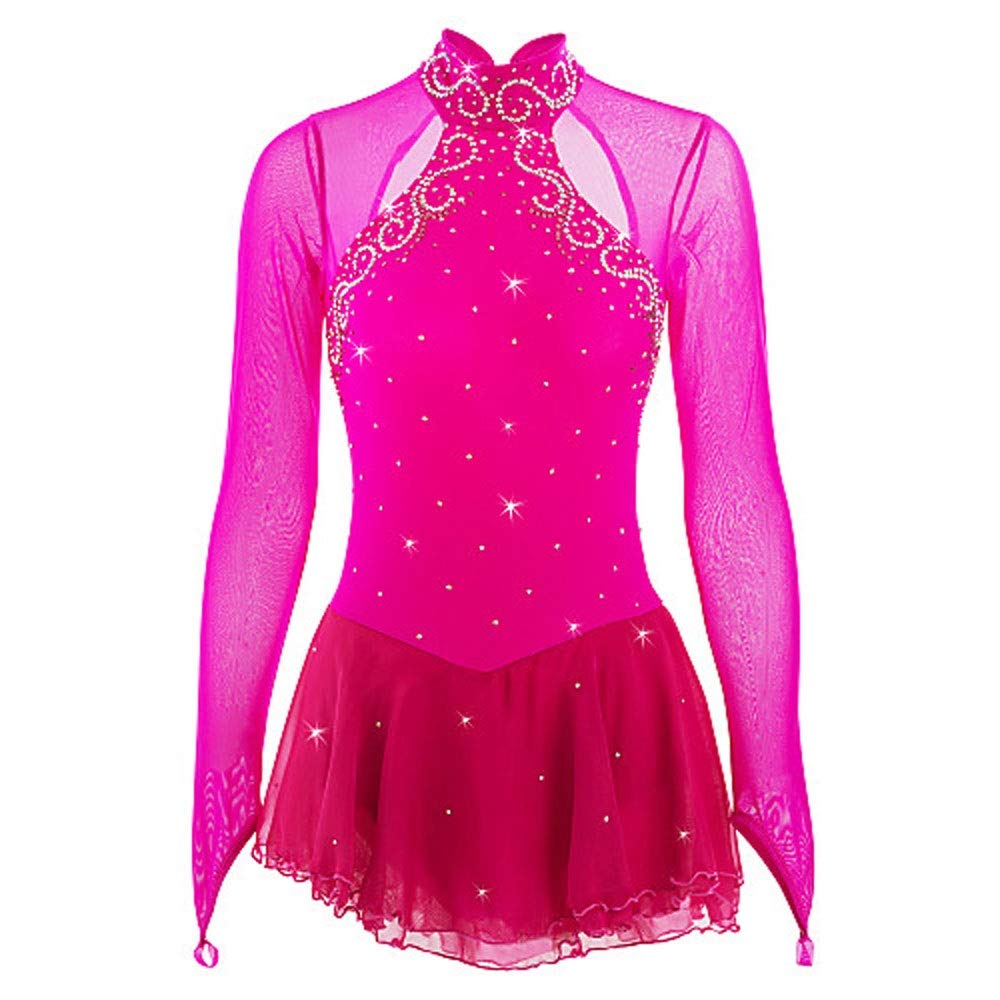Pink Figure Skating Dress for Women & Girls - Long Sleeve Spandex Ice Skating Costume with Skirt (Size: Child 12) - Perfect for Competitions, Performances & Ice Shows