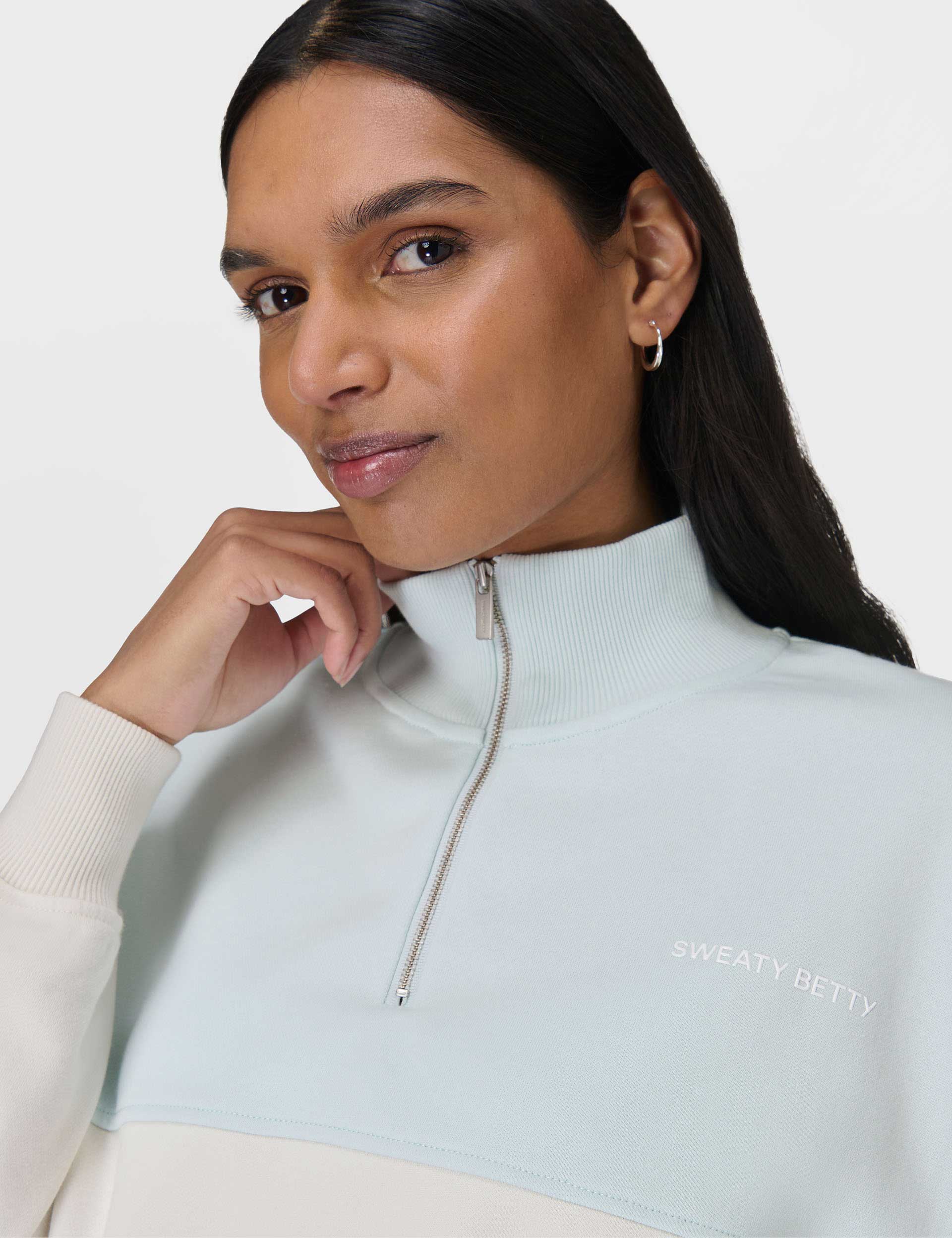 Revive Crop Half Zip Sweatshirt - Day Break Blue & Lily White | Women's Casual Pullover for Yoga, Running & Streetwear Fashion