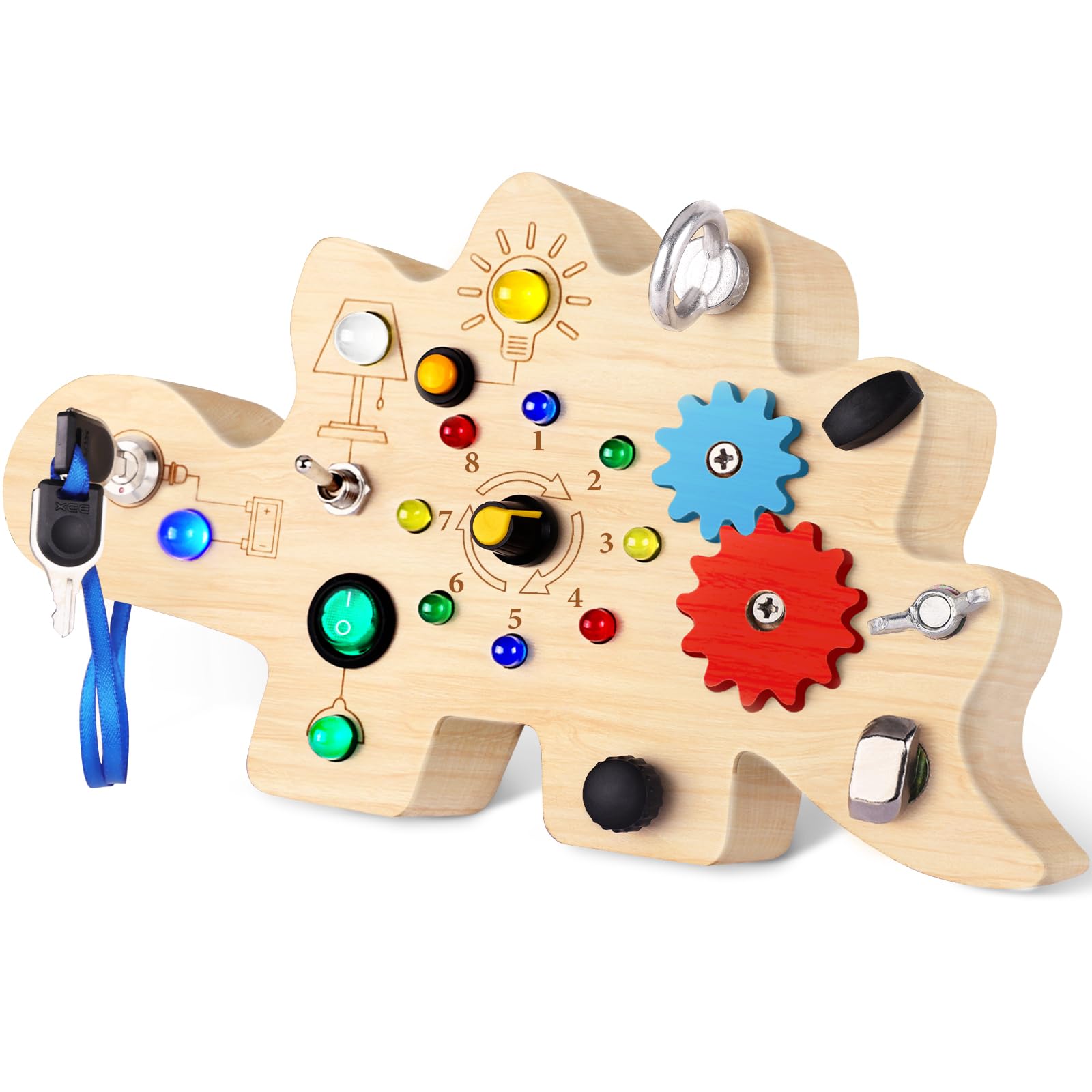 Montessori Busy Board for Toddlers - Wooden Sensory Toy with 12 LED Lights, Learning Activity Board for 3 Year Olds - Perfect for Early Childhood Development & Travel Entertainment
