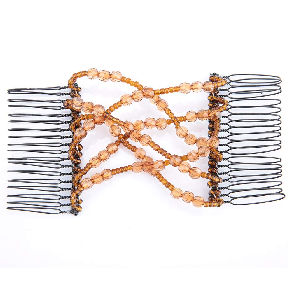 Stretchy Pearl Hair Combs for Women - Double Hair Clips for Thick/Thin Hair - Coffee (Wedding, Party, Daily Use)