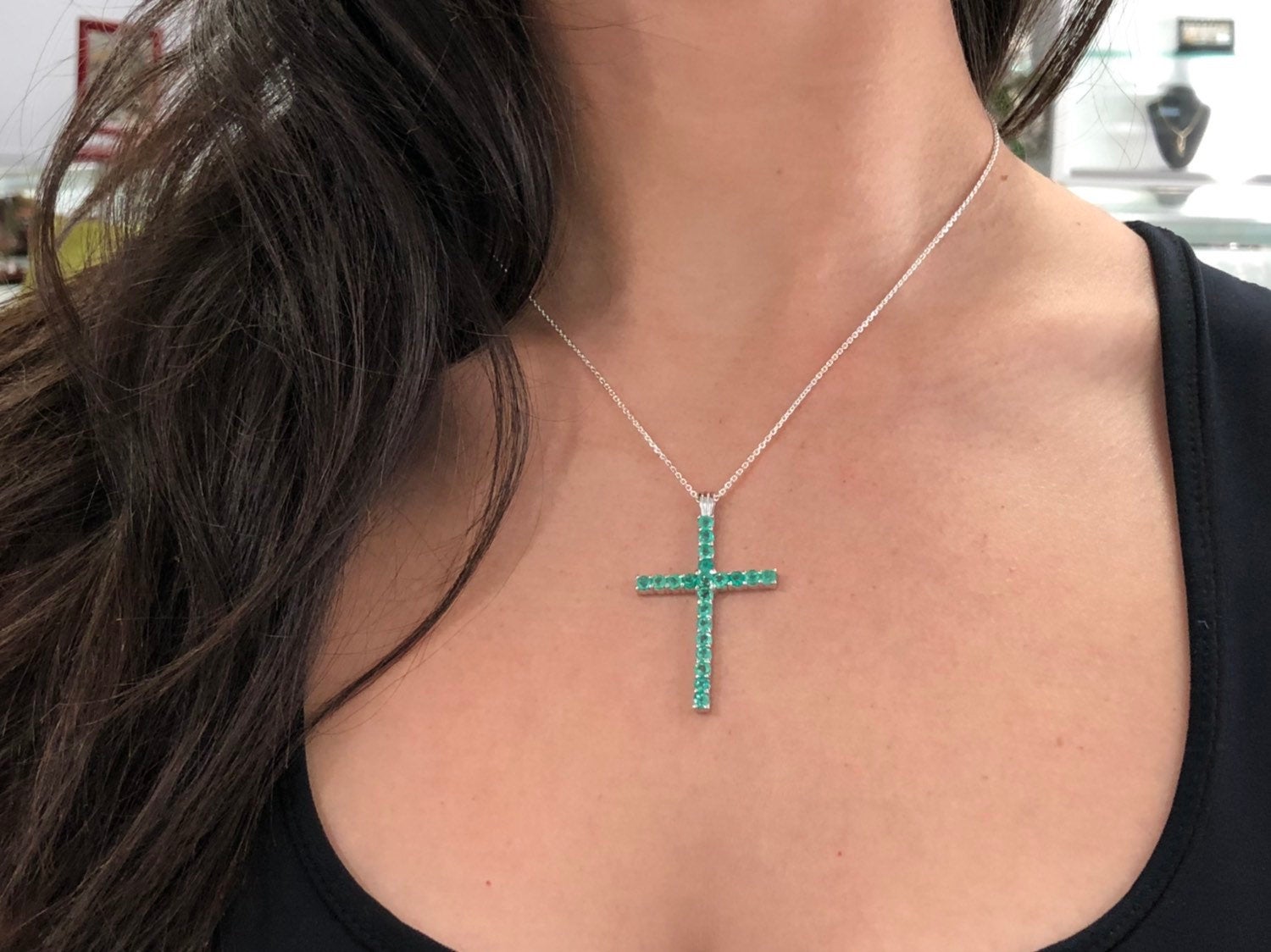 2.20tcw Large Round Emerald Religious Cross Pendant in 14K Gold - Perfect for Baptism, First Communion & Spiritual Gifts