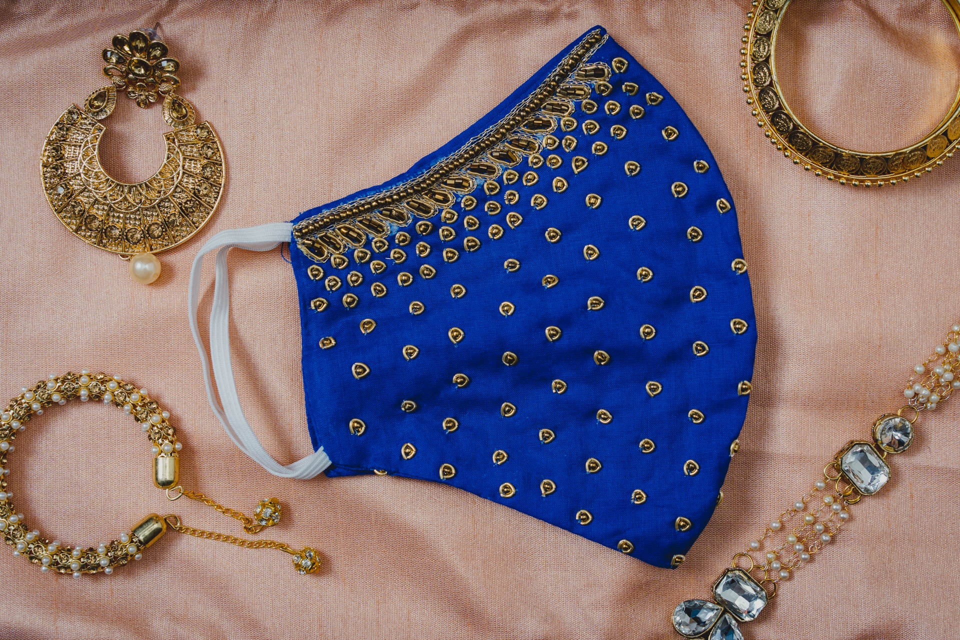 Royal Blue Cotton Face Mask with Gold Embroidery - Breathable & Stylish for Daily Wear, Parties, and Special Occasions