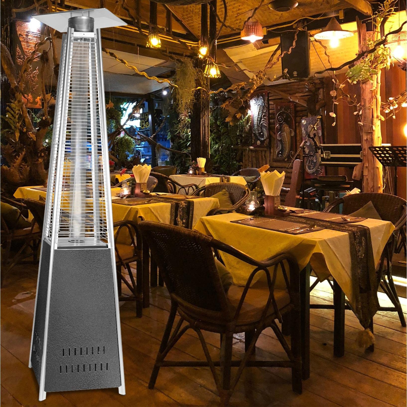 Cleanclo 42,000 BTU Outdoor Patio Heater with Wheels - Pyramid Flame Propane Heater with Quartz Glass Tube for Backyard, Deck, Restaurant & Commercial Use (Commercial & Residential, C-Gray)