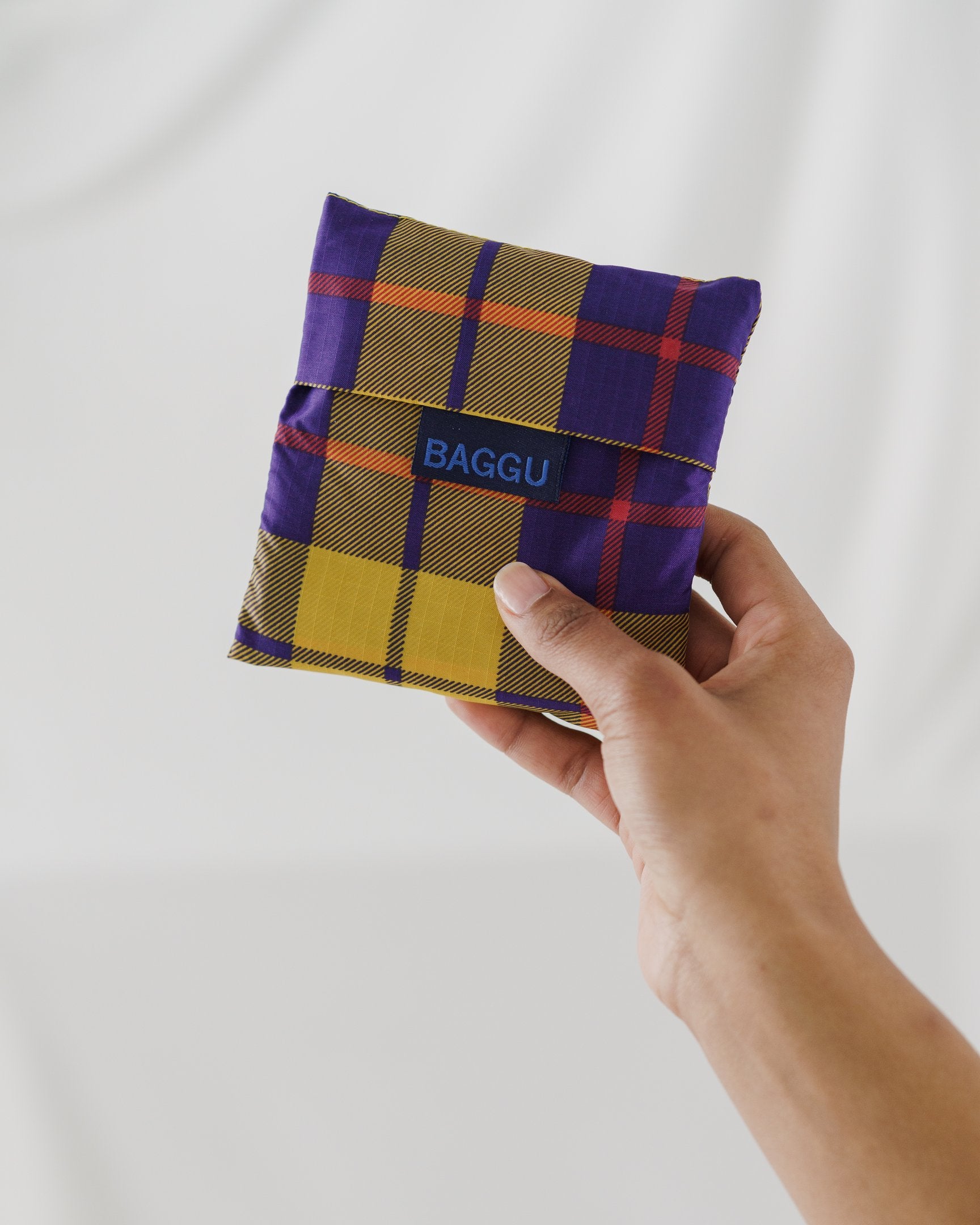 Baggu Standard Reusable Shopping Bag - Eco-Friendly Foldable Grocery Tote in Yellow Tartan Plaid for Groceries, Beach, and Travel
