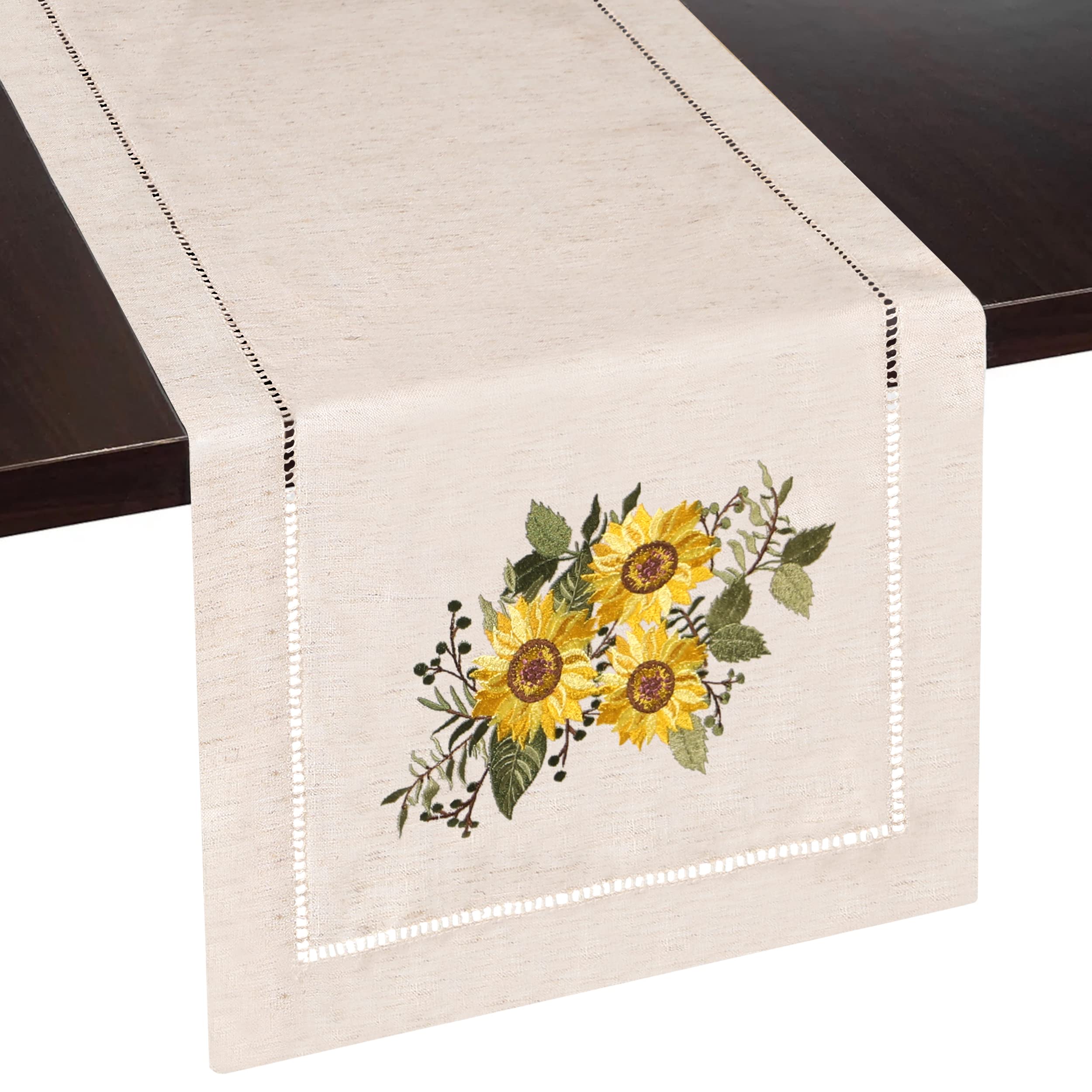 Sunflower Embroidered Beige Table Runner with Hemstitch - 14x108 Inch Rustic Farmhouse Decor for Dining Table, Coffee Table, Dresser & Bedroom - Perfect for Weddings, Holidays & Home Decoration