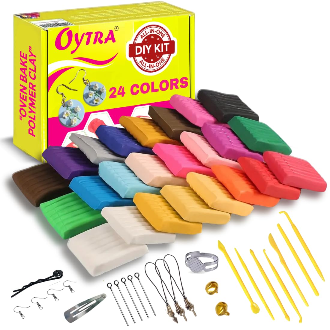 24-Color Polymer Clay Kit for Jewelry Making - Oven Bake Non-Toxic PVC Modeling Clay with Tools & Accessories - Perfect for DIY Figurines, Crafts & Jewelry Design - Great for Beginners & Professional Artists (Home Studio, Gift Idea, Art Projects)