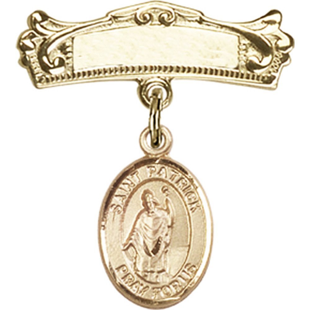 7/8 X 3/4 Inch Gold Filled Baby Badge with St. Patrick Charm - Arched Polished Badge Pin for Christening, Baptism & Special Occasions