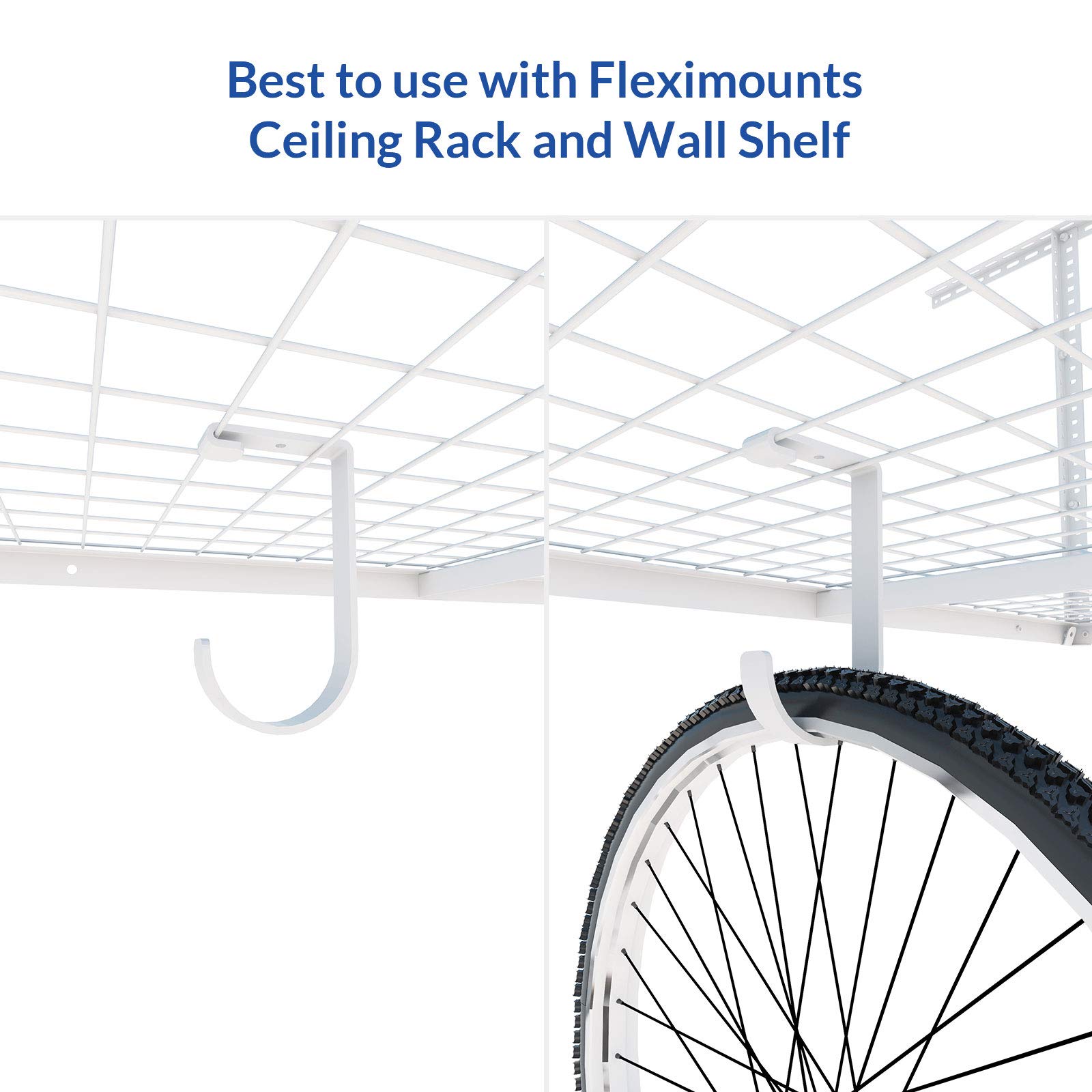 FLEXIMOUNTS 4-Pack Heavy Duty Storage Hooks for Garage Organization - 50lb Weight Capacity - White - Perfect for Ceiling Racks, Wall Shelves & Tool Storage