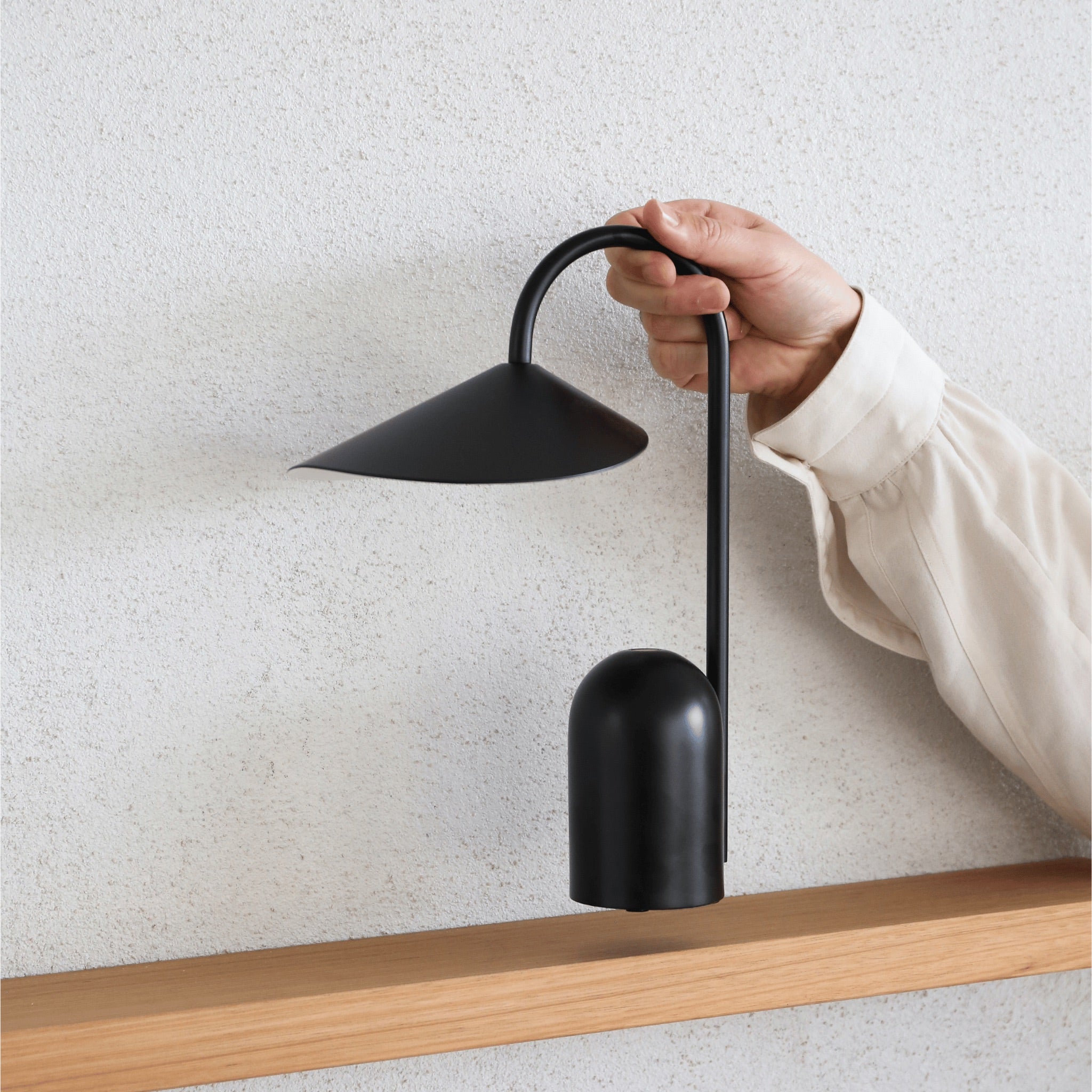 FERM LIVING Arum Portable LED Lamp - Black Rechargeable Battery Operated Light for Bedroom, Outdoor Camping & Travel