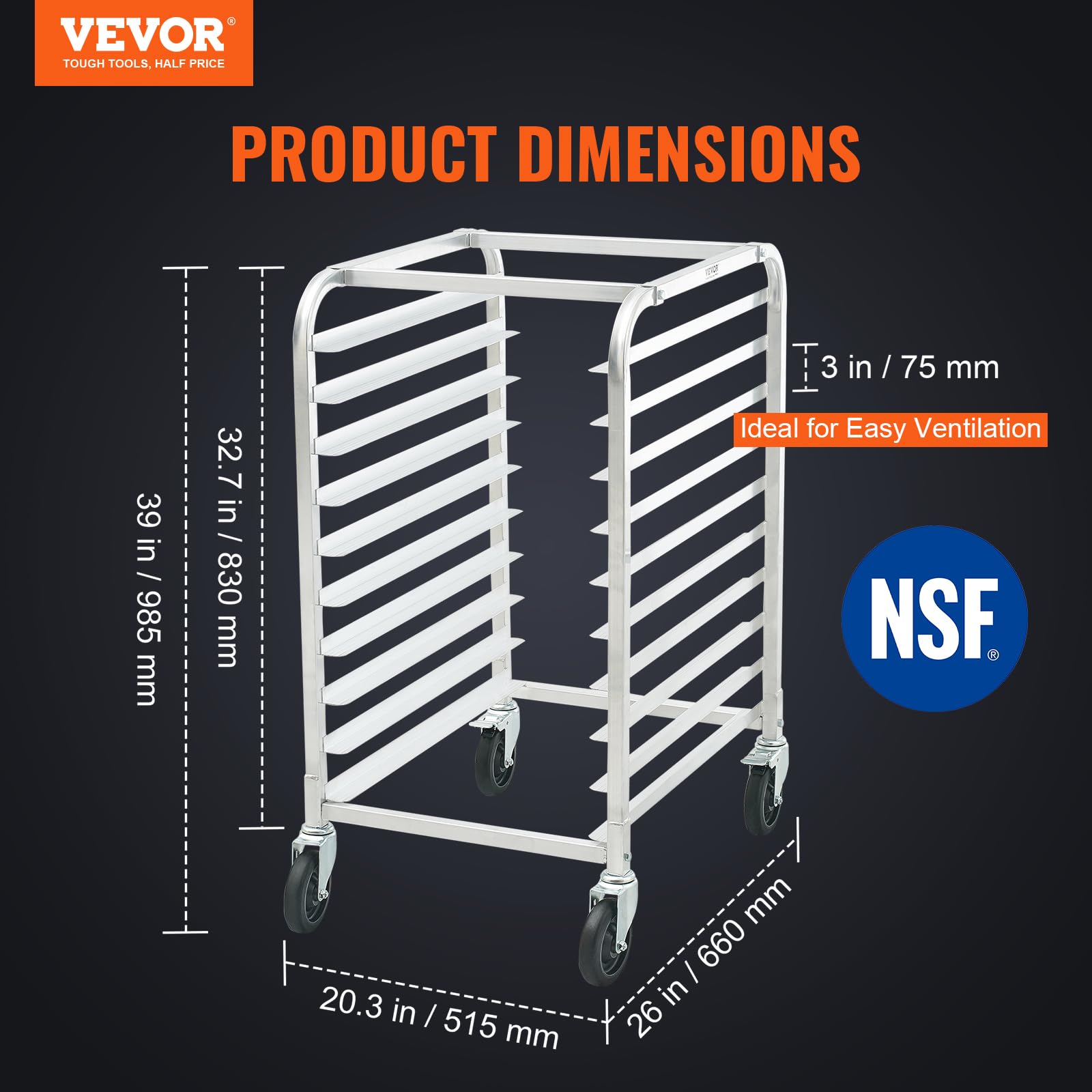 VEVOR 10-Tier Commercial Bun Pan Rack with Brake Wheels - Aluminum Bakery Storage Cart for Half & Full Sheet Pans - Heavy Duty Kitchen Speed Rack for Bread, Pastry, and Baking Equipment (26
