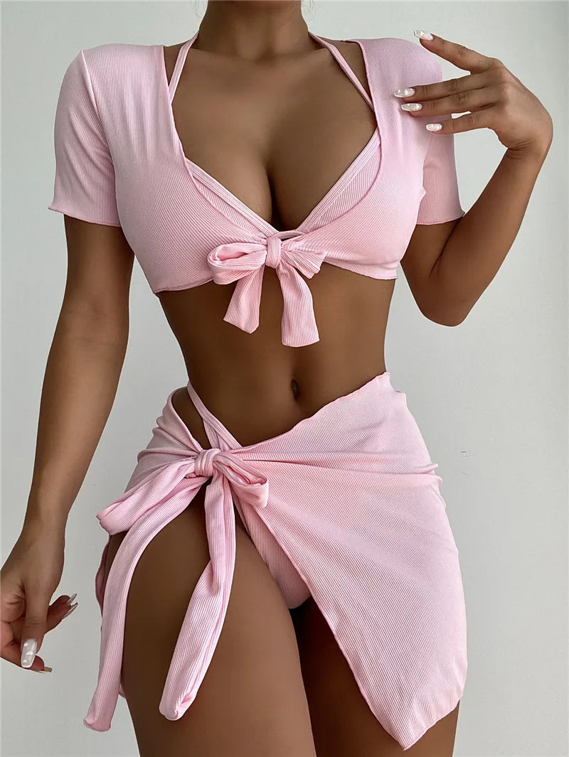 4-Piece High Waist Bandage Bikini Set with Skirt - Women's Sexy Swimwear Summer 2024, Short Sleeve Tie-Front Biquini for Beach, Pool & Vacation