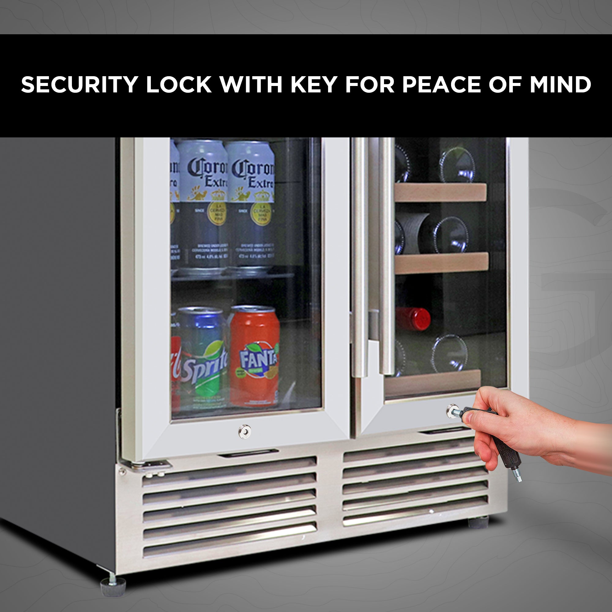 Koolatron 24-Inch Built-In Dual Zone Under Counter Wine and Beverage Refrigerator with Front Venting, Lock, Digital Controls - Holds 56 Cans & 18 Bottles - Stainless Steel French Door Wine Cooler for Home Bar, Kitchen, or Basement