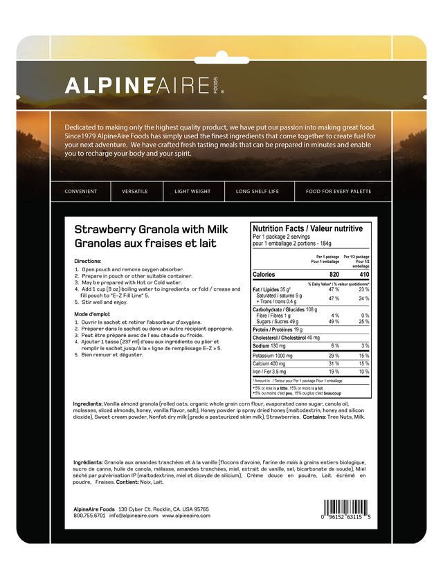AlpineAire Strawberry Granola with Milk - Healthy Breakfast Cereal for Kids & Adults, Perfect for Camping, Hiking and On-the-Go Snacking