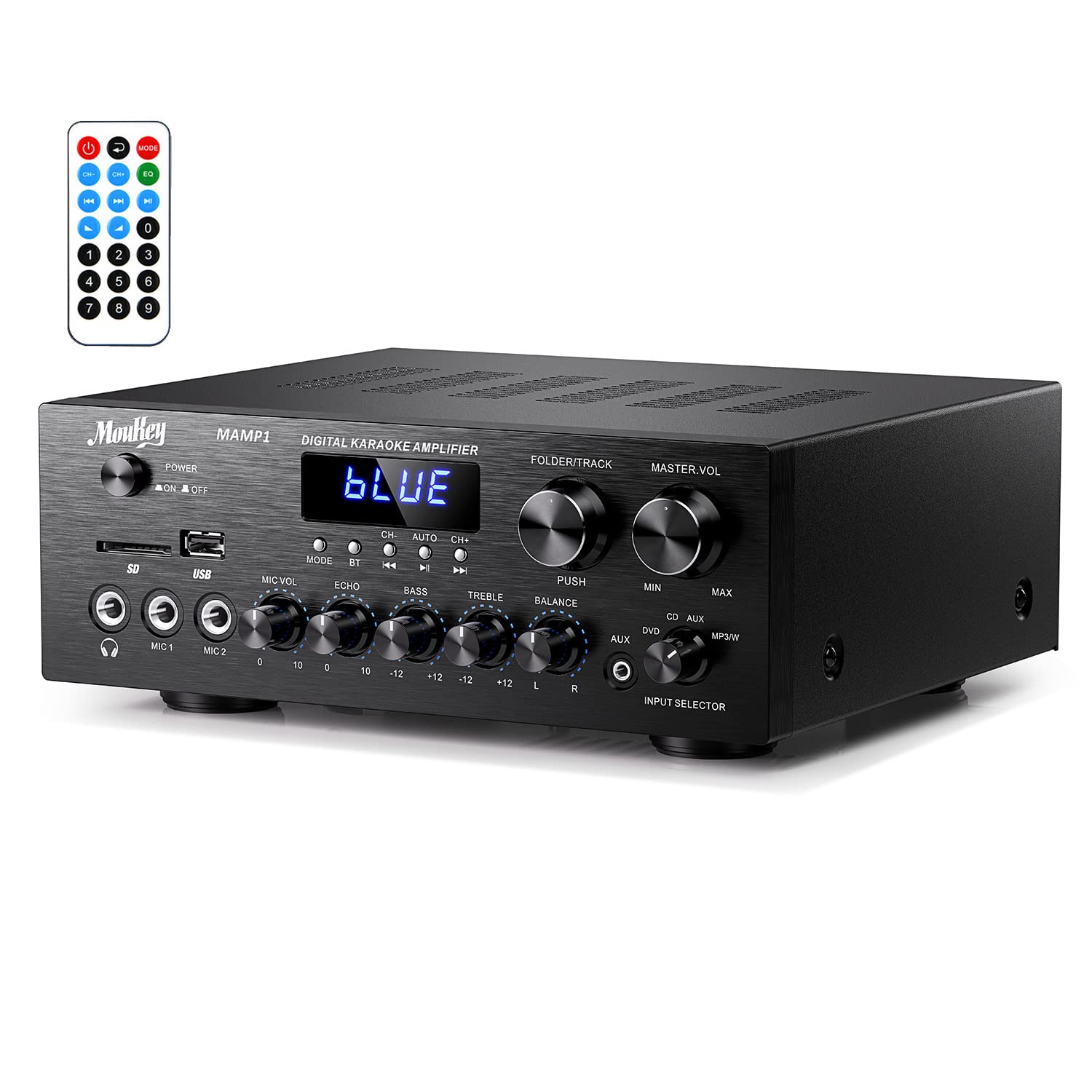 Moukey 220W 2-Channel Bluetooth 5.0 Stereo Amplifier - HiFi Audio Receiver with USB/SD/AUX/RCA/MIC Inputs, FM Radio & LED Display - Perfect for Home Theater, Karaoke & Music Streaming