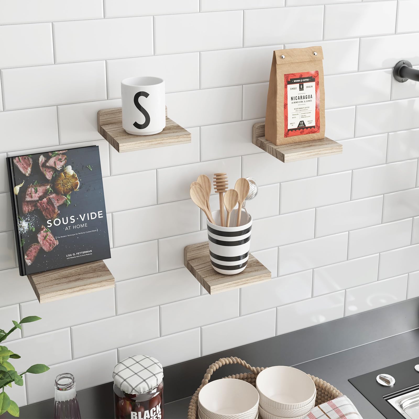 Fixwal Floating Shelves for Wall - Set of 4 Rustic Wood Wall Mounted Shelves 5x5 Inches, Carbonized Black - Perfect for Bedroom, Living Room, Kitchen & Bathroom Decor | Great for Displaying Plants, Photos, Books & Small Decorative Items