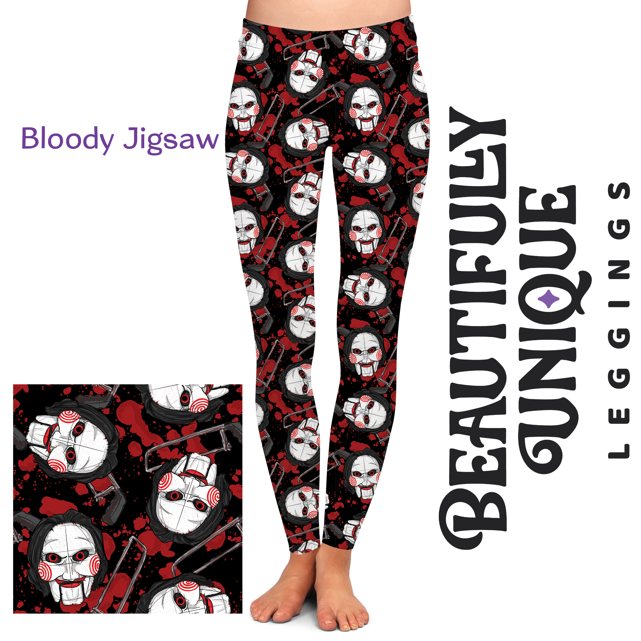 Bloody Jigsaw Print High-Waist Leggings - Exclusive Gothic Halloween Workout & Cosplay Pants for Women