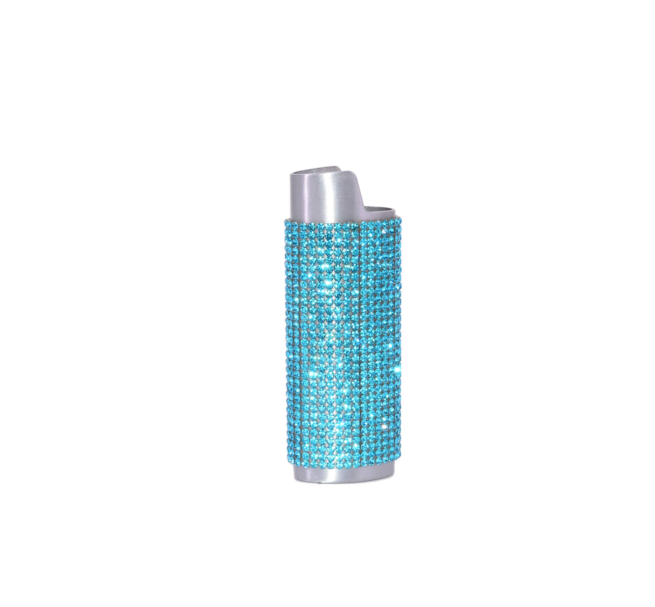 Elegant Silver Lighter Sleeve Case with Aqua Marine Rhinestones - LS53 - Perfect for Weddings, Parties & Luxury Gifts