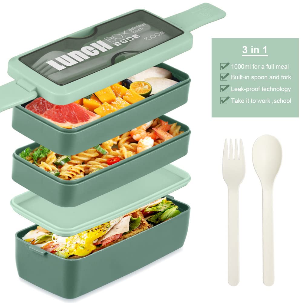 Eco-Friendly Wheat Straw Bento Box Lunch Box - 3-in-1 Leakproof Compartment Containers for Meal Prep | Stackable, Reusable & Sustainable Food Storage for Office, School, Picnic & Travel