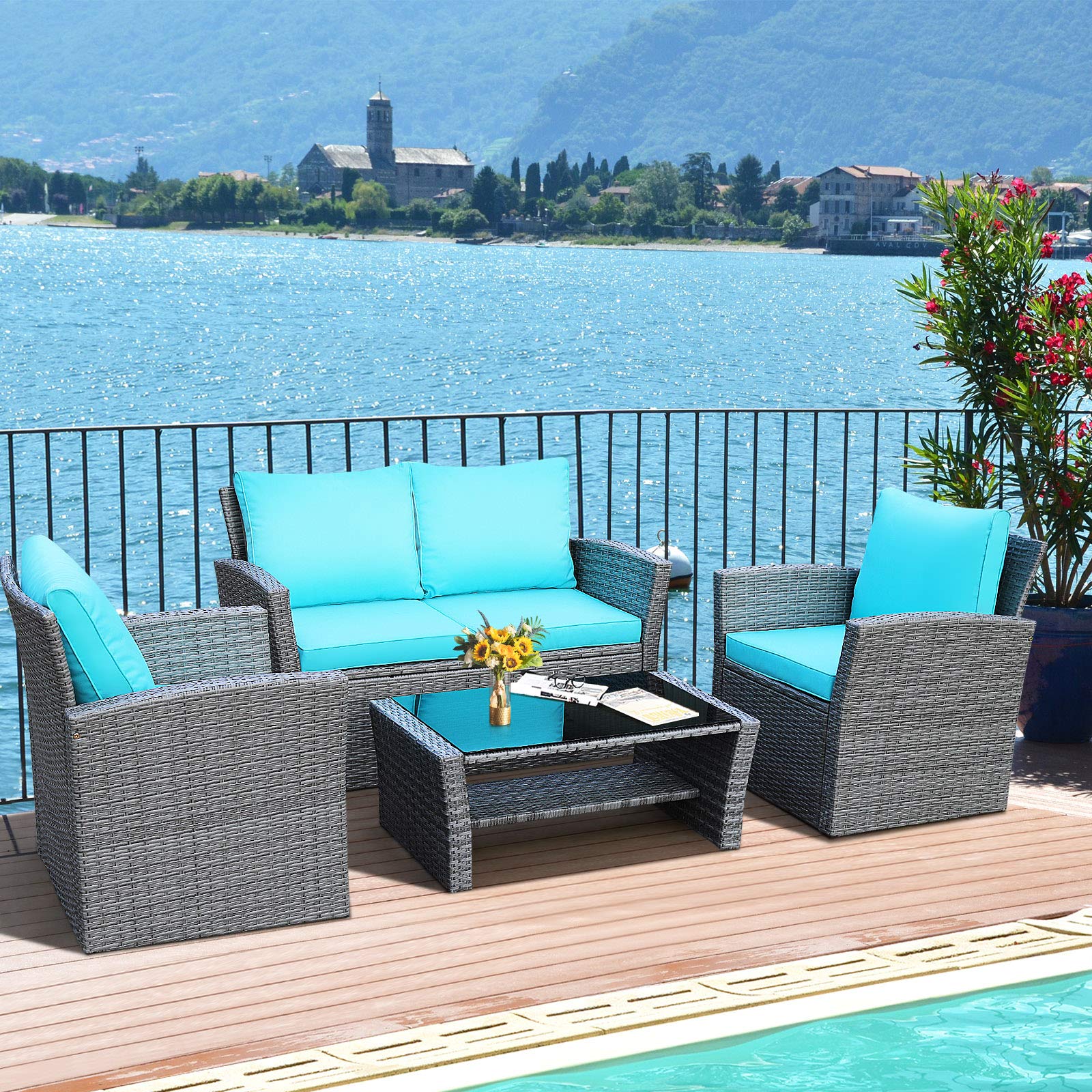 HAPPYGRILL 4-Piece Outdoor Rattan Patio Furniture Set with Cushions & Coffee Table - Wicker Sectional Sofa Conversation Set for Garden, Porch, Balcony, Poolside - Perfect for Relaxing, Entertaining & Outdoor Lounging