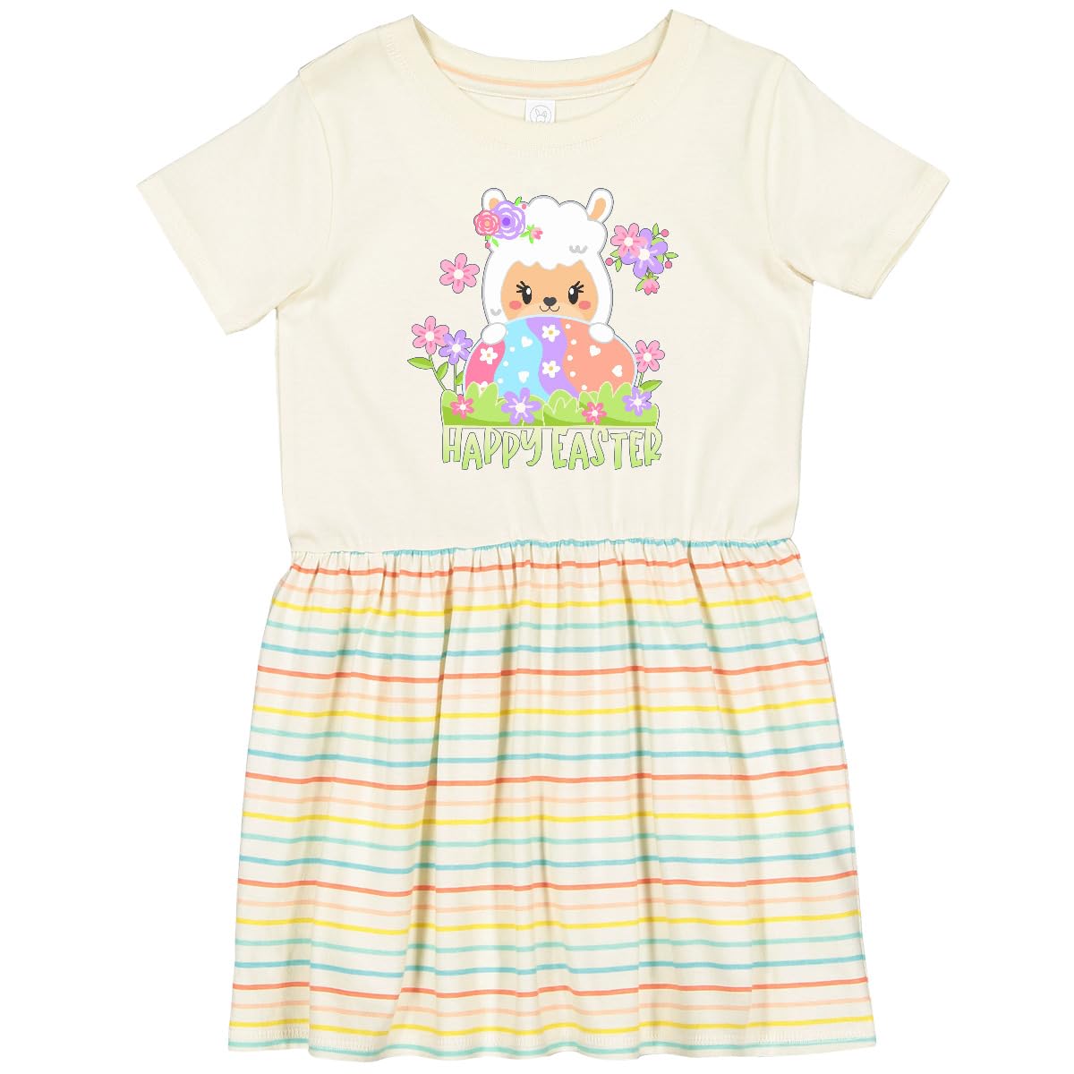 Inktastic Happy Easter Llama with Spring Flowers and Egg Toddler Dress - Cute Easter Outfit for Baby Girls, Soft Cotton Toddler Clothing for Spring Celebrations, Church, Egg Hunts & Family Photos