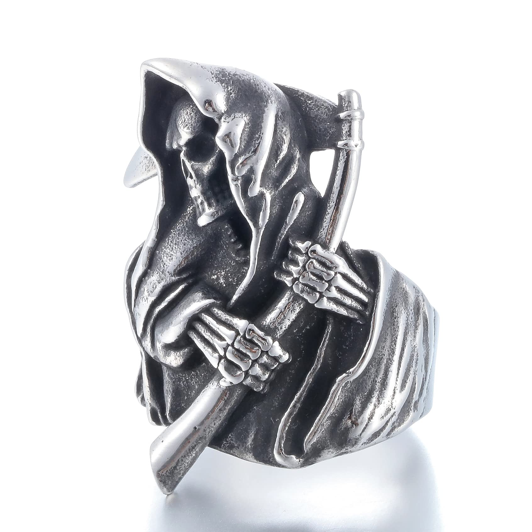 Men's Stainless Steel Death Skull Ring - Gothic Biker Jewelry for Men, Punk Style Skull Head Band Ring - Perfect Gift for Halloween, Motorcycle Enthusiasts & Rock Music Fans