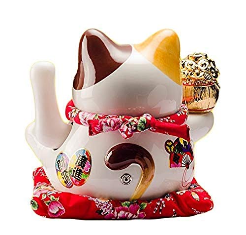 White Ceramic Feng Shui Lucky Waving Cat Figurine - Fortune Cat Statue with Cotton Pad for Wealth, Happiness & Good Luck | Home Office Decor, Gift for Housewarming & Business Success