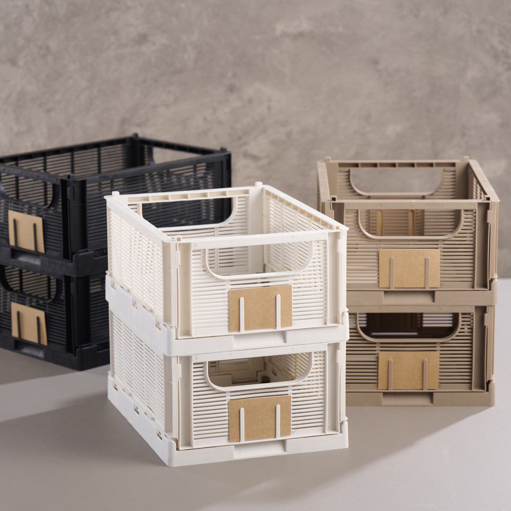DESIGNSTUFF Linear Collapsible Storage Crate Set of 2 - Medium 33x25cm Taupe Foldable Organizer for Home, Office, Closet & Laundry Room Organization