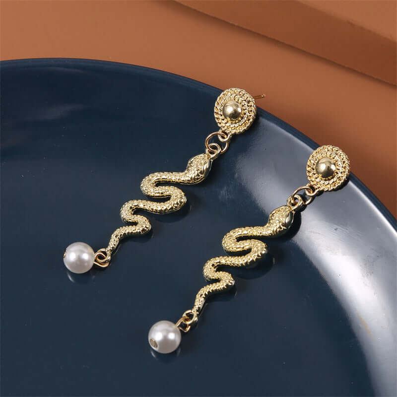 Elegant Gold Snake Pearl Drop Earrings for Women - Vintage Dangle Jewelry Gift E006 | Perfect for Parties, Weddings & Evening Events