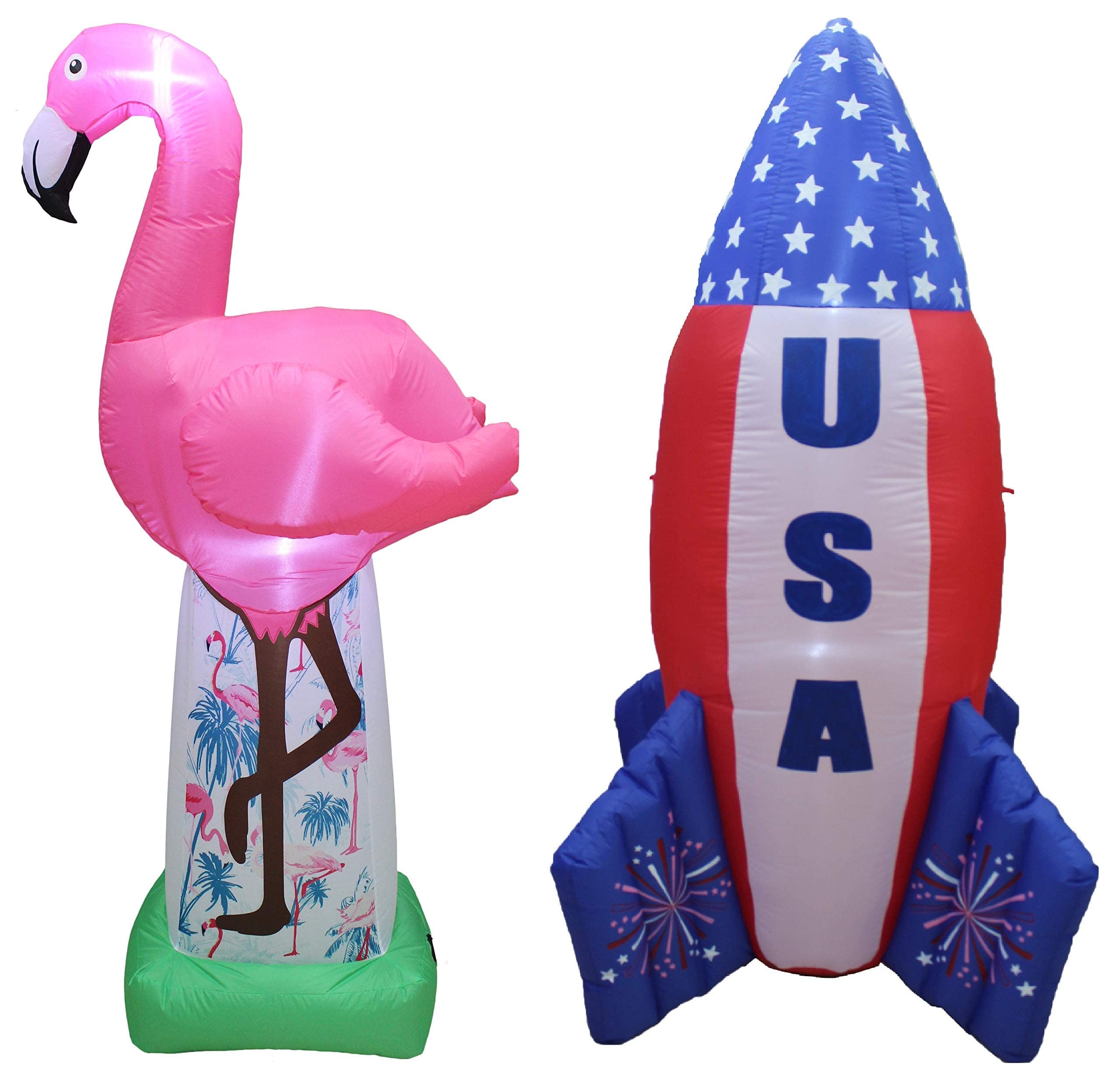 Patriotic Party Decorations Bundle - 6ft Inflatable Pink Flamingo & LED USA Flag Rocket Ship for 4th of July, Summer BBQs, Pool Parties & Outdoor Celebrations