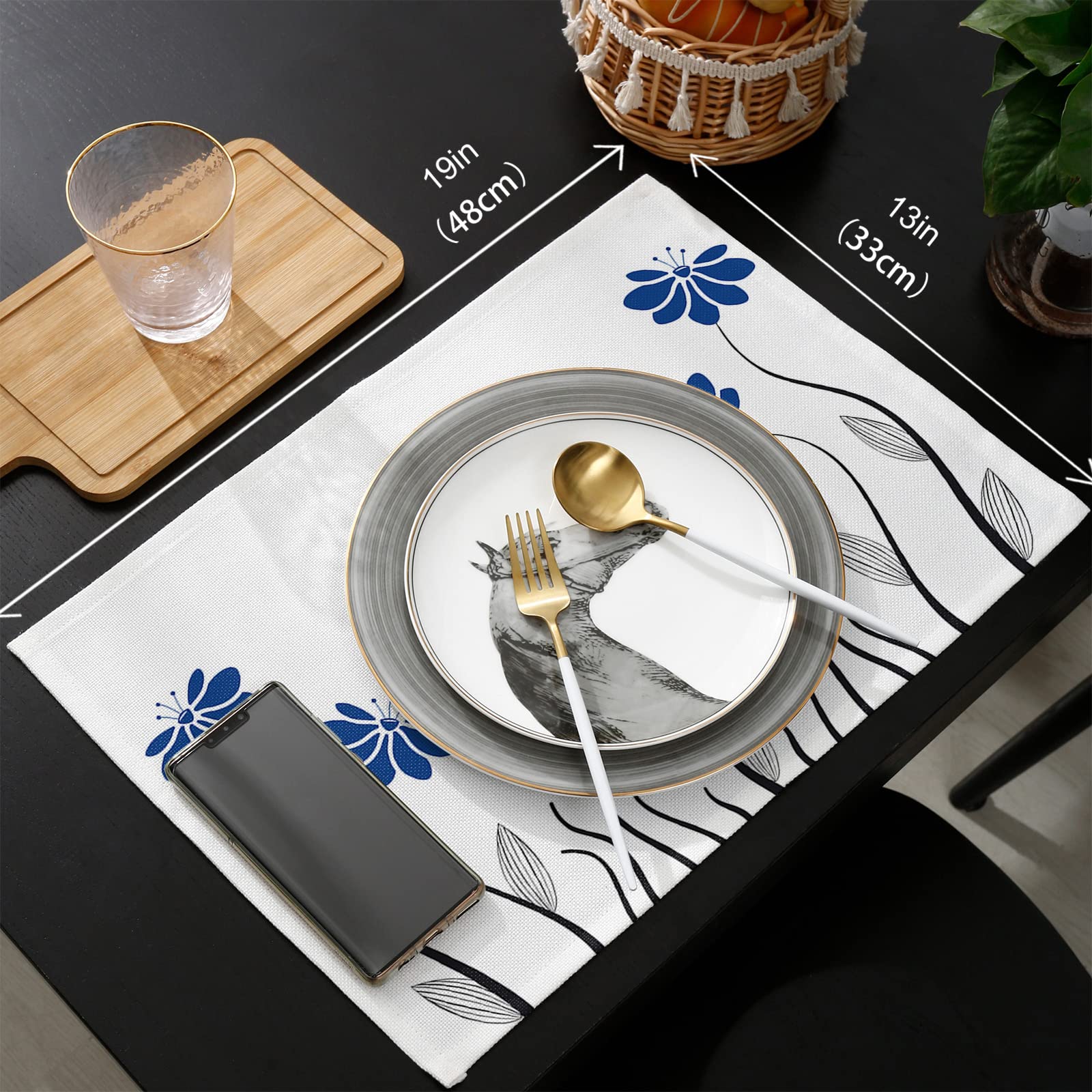 6-Piece Non-Slip Washable Table Runner Set - 13x90 Inch Floral Table Mat for Kitchen, Dining & Coffee Tables - Blue Artistic Flower Design - Perfect for Home Decor, Parties & TV Stand Decoration