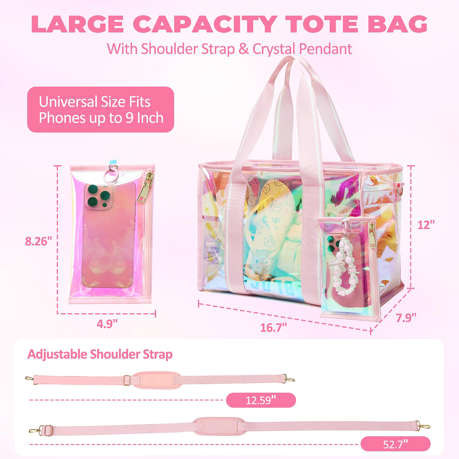 Large Beach Tote Bags for Women - 26L Waterproof Iridescent Clear Tote Bag with Tip-Proof Design | Perfect for Beach, Pool, Gym & Travel Accessories