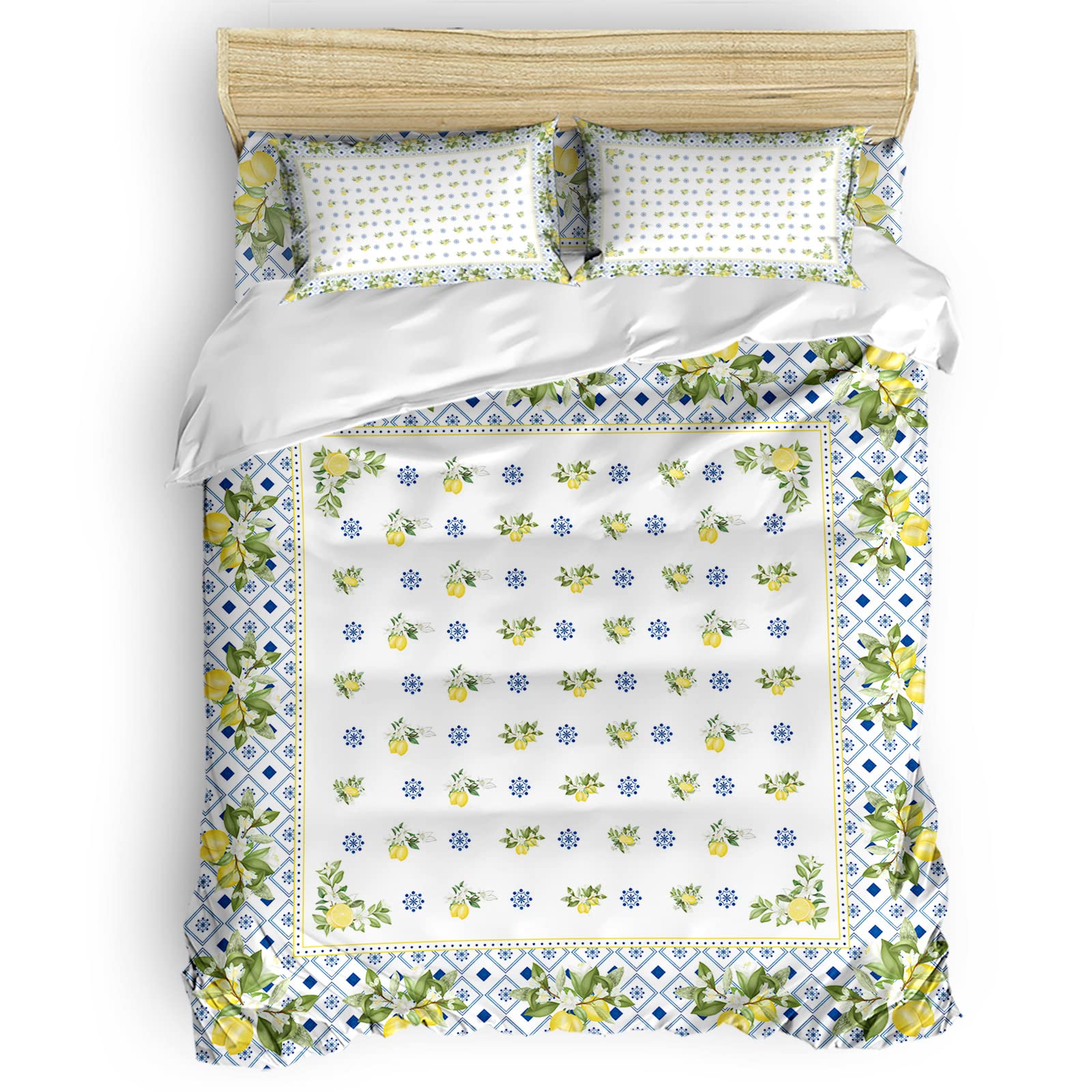 Yellow Lemon with Leaves Duvet Cover Set - 4 Piece Bedding Set with Blue White Porcelain Print, Twin Size Comforter Cover, Fitted Sheet & Pillowcases | Fresh Summer Bedroom Decor for Kids, Teens & Guest Rooms