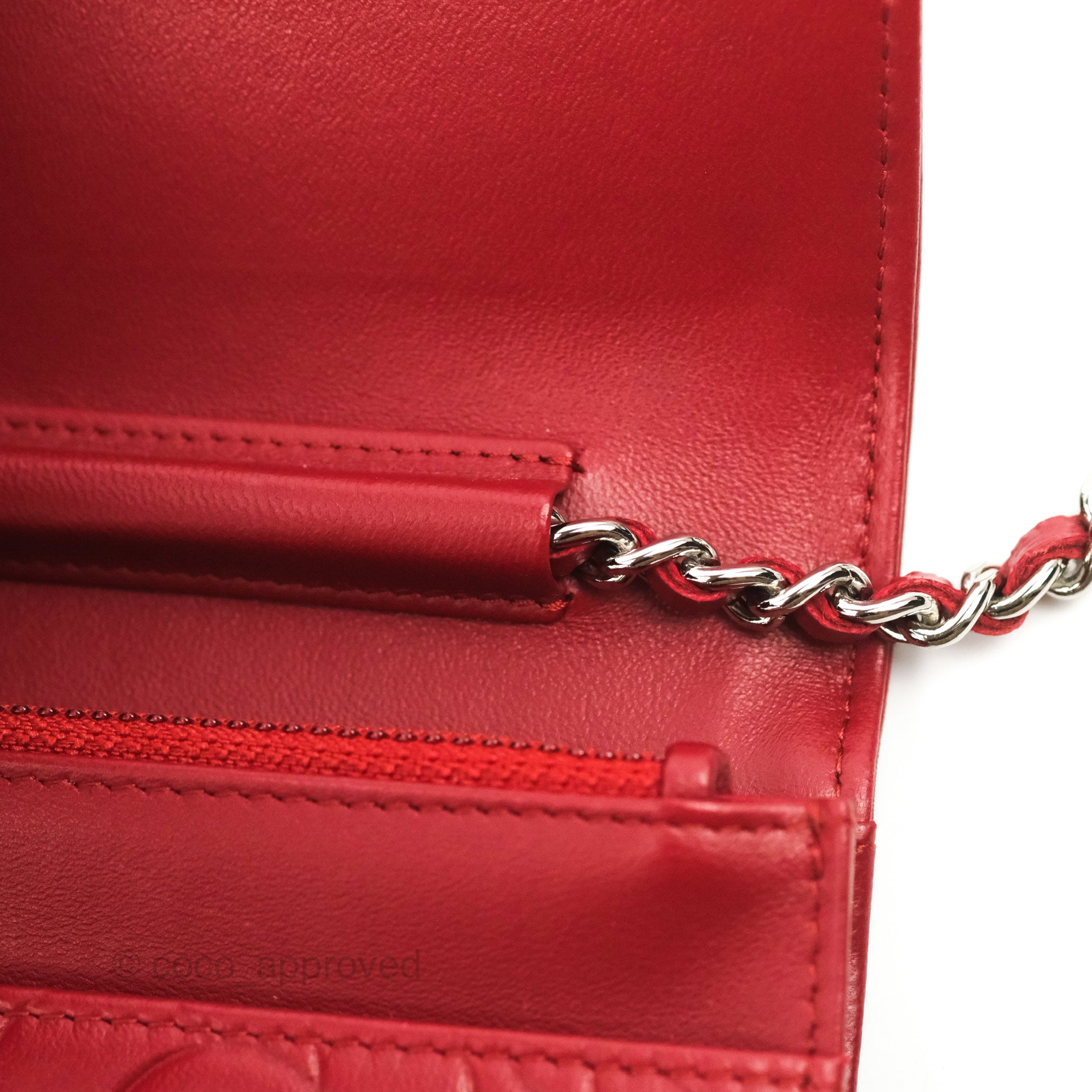 Chanel Camellia Embossed Wallet on Chain WOC in Red Lambskin with Silver Hardware - Luxury Crossbody Bag for Women, Perfect for Evening Events & Date Nights