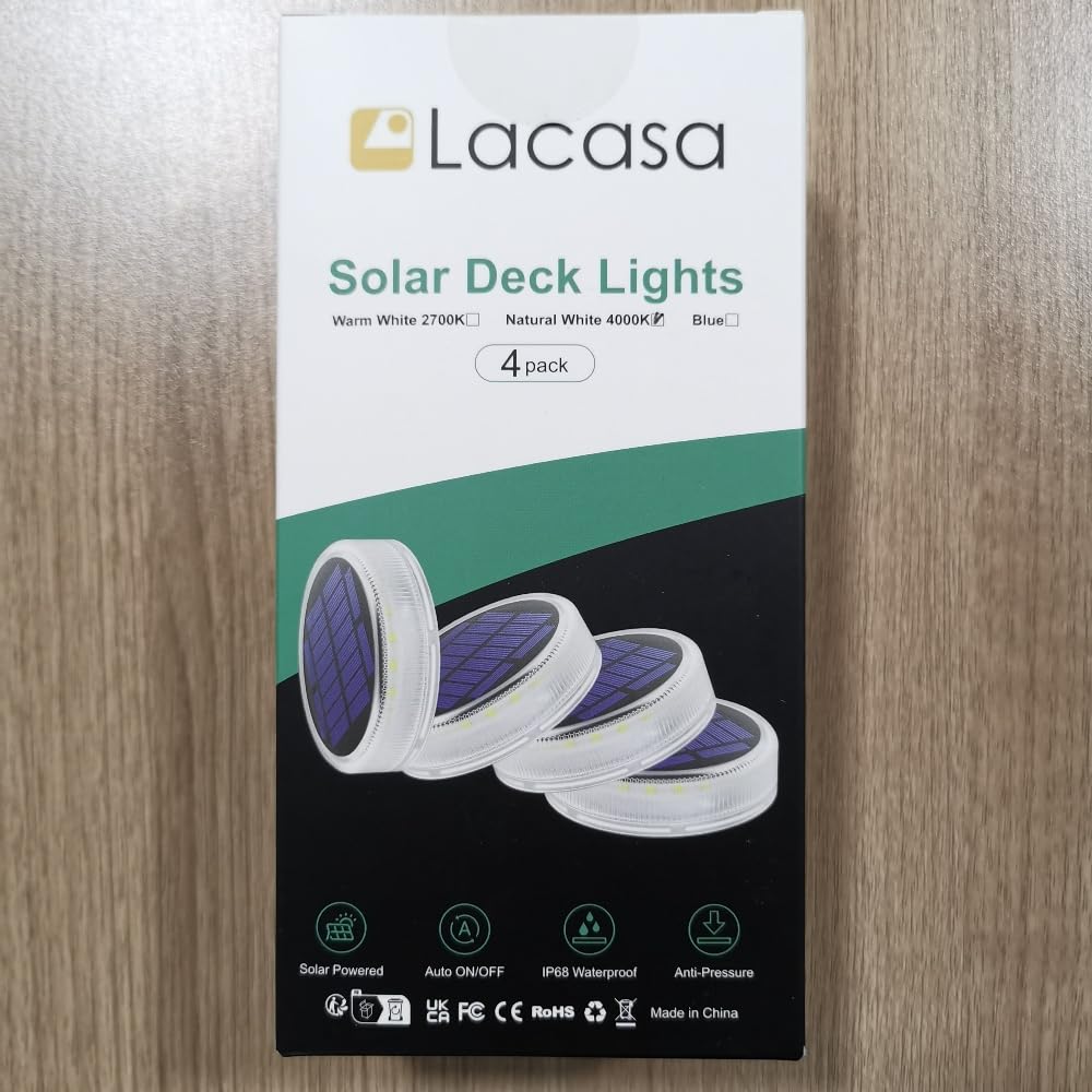 Lacasa 4-Pack Solar Deck Lights Outdoor Waterproof LED - Solar Powered Garden Step Lights for Driveway, Dock, Marine, Yard, Patio & Pathway - Dusk to Dawn Round Warm White Lighting - Perfect for Landscape, Backyard & Outdoor Decor