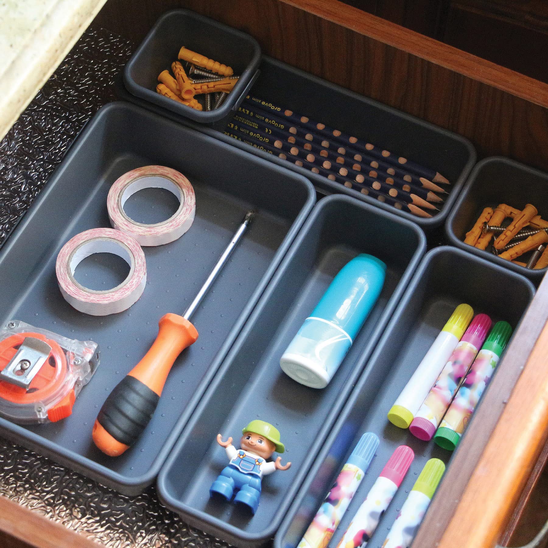 32 Pack Interlocking Plastic Drawer Organizer Trays - Narrow Shallow Storage Bins with Dividers for Kitchen, Bathroom, Office, Vanity & Dresser - Perfect for Makeup, Utensils, Jewelry & Small Item Organization