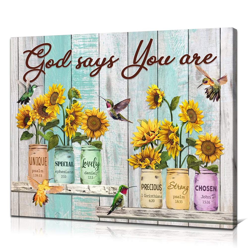 Rustic Canvas Wall Art - Sunflowers in Mason Jar & Hummingbird Prints with Inspirational Quotes | Farmhouse Country Style Wood Framed Poster (28x40 inches) | Perfect for Bedroom, Bathroom, Living Room & Office Decor