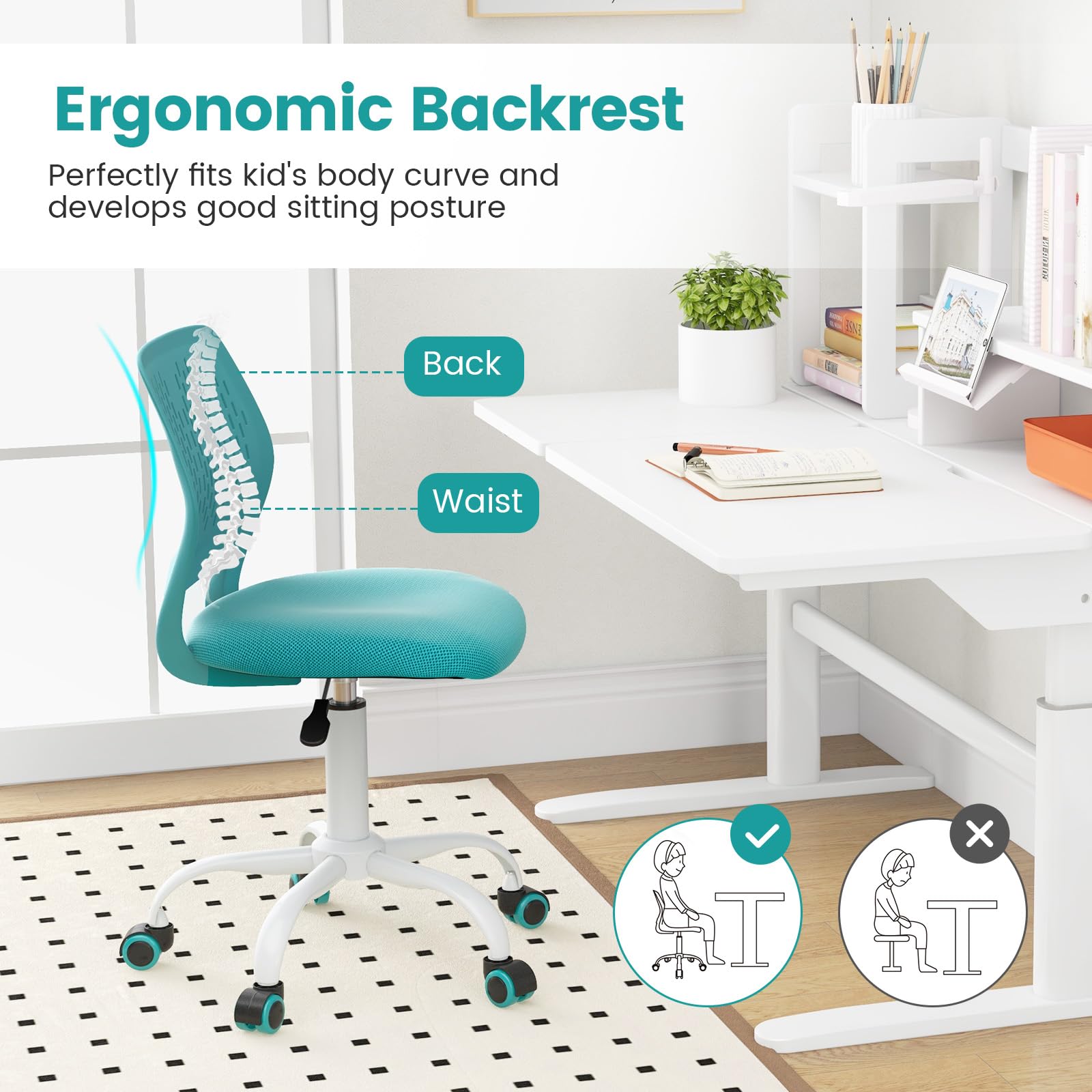 Powerstone Adjustable Swivel Office Chair - Compact Armless Desk Chair for Small Spaces, Home & Workspace - Ergonomic Writing Task Chair in Turquoise - Perfect for Home Office, Study & Workspaces